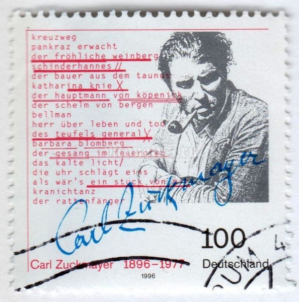 марка ФРГ 100 пфенниг "Carl Zuckmayer (1896-1977), writer" 1996 год Гашение
