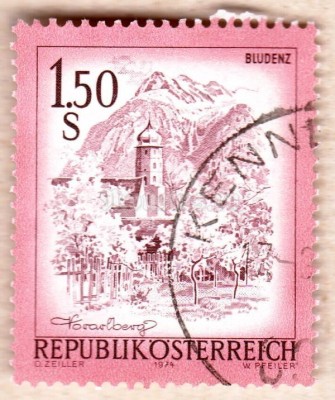 марка Австрия 1,50 Австрийский шиллинг "Блуденц, Форарльберг" 1974 год