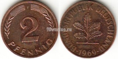 Монета Германия 2 пфеннига 1969 год F