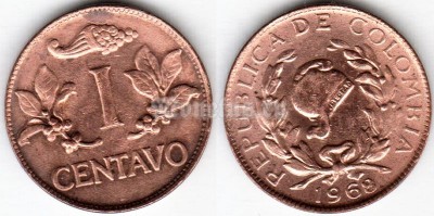 монета Колумбия 1 центаво 1968 год