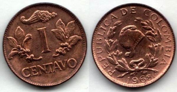 монета Колумбия 1 центаво 1968 год