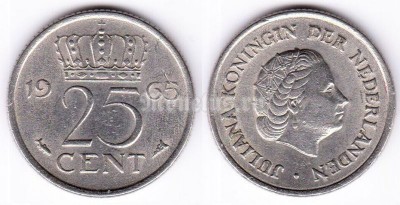 монета Нидерланды 25 центов 1965 год