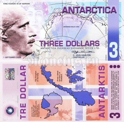 бона Антарктика 3 доллара 2008 год, пластик