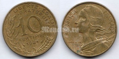 монета Франция 10 сантимов 1981 год