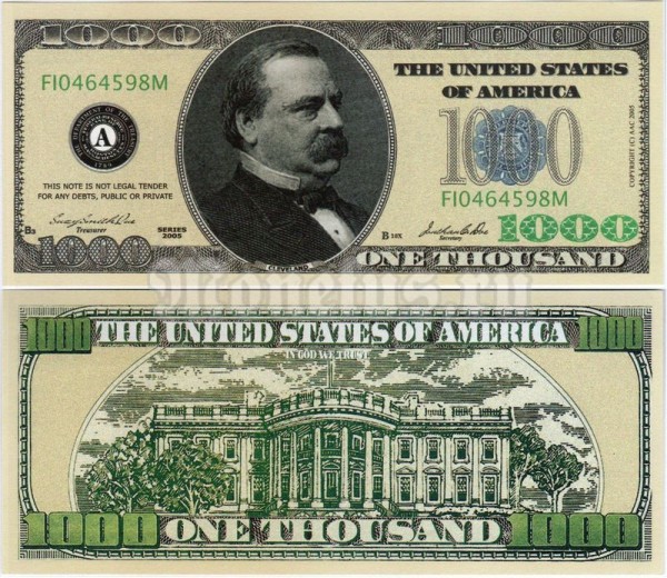 сувенирная банкнота США 1000 долларов 2005 год - Гровер Кливленд