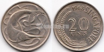монета Сингапур 20 центов 1968 год