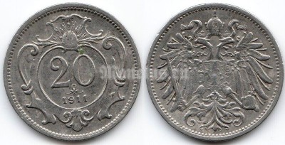 монета Австрия 20 геллеров 1911 год