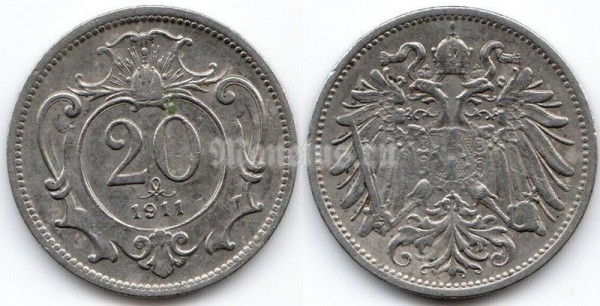 монета Австрия 20 геллеров 1911 год