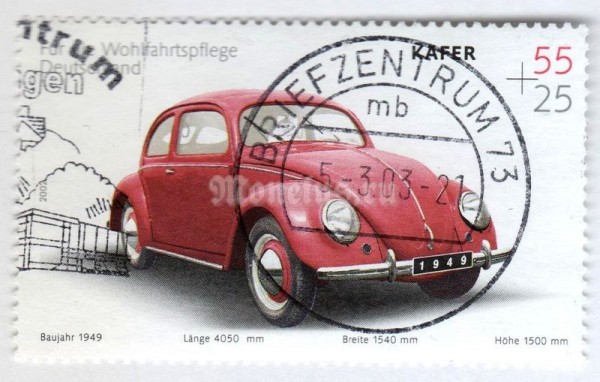 марка ФРГ 55+25 центов "VW Käfer (1949)" 2002 год Гашение
