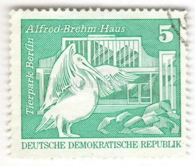 марка ГДР 5 пфенниг "Alfred-Brehm-Building, Berlin Zoo - Rosy Pelican (Pelecanus)" 1973 год Гашение