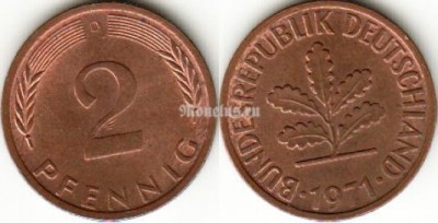 Монета Германия 2 пфеннига 1971 год D