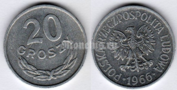 монета Польша 20 грошей 1966 год
