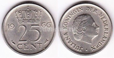 монета Нидерланды 25 центов 1966 год
