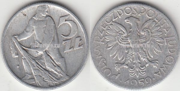 монета Польша 5 злотых 1959 год