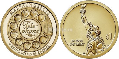 монета США 1 доллар 2020 год, серия Американские инновации (новаторы) "American innovators", Массачусетс, Один из первых дисковых номеронабирателей